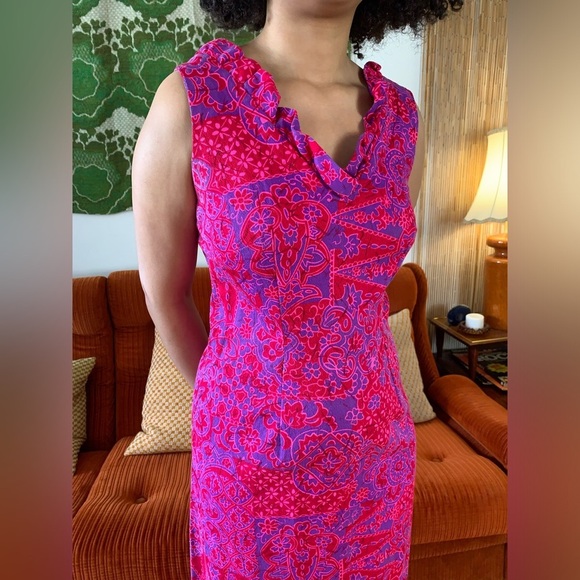 60s Vintage Tropical Barkcloth Psychedelic Mermaid Maxi Dress - Picture 5 of 10